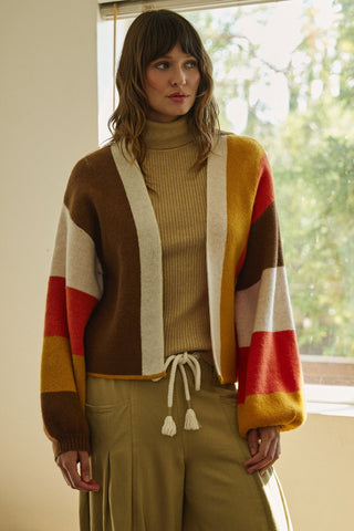 Retro Sunset Colorblock Cardigan in Brown/mustard - Women's Wholesale Cardigans & Shrugs | Trend Notes