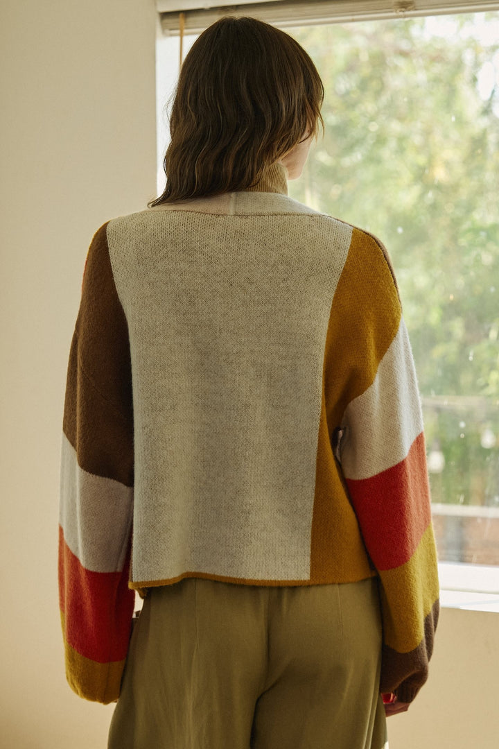 Retro Sunset Colorblock Cardigan in Brown/mustard - Women's Wholesale Cardigans & Shrugs | Trend Notes