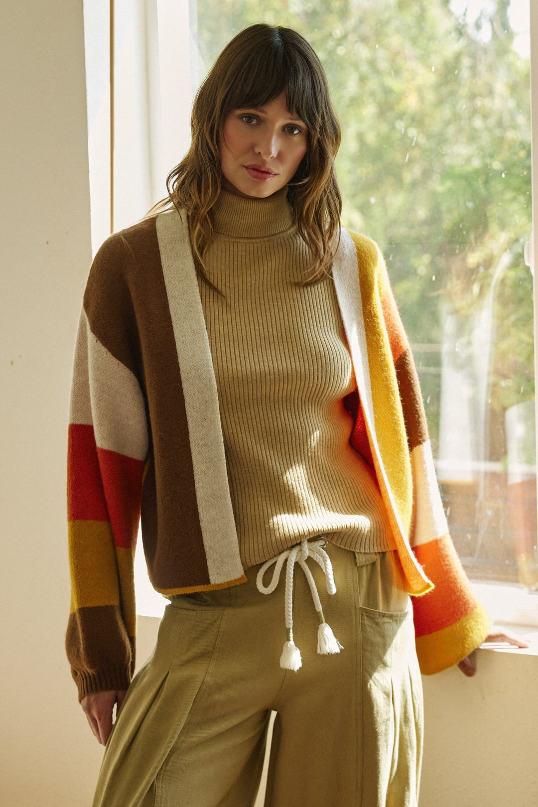 Retro Sunset Colorblock Cardigan in Brown/mustard - Women's Wholesale Cardigans & Shrugs | Trend Notes