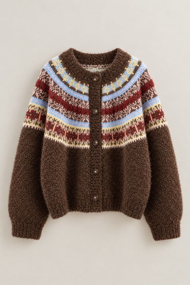 Hearthside Fair Isle Cardigan in Brown - Women's Wholesale Cardigans & Shrugs | Trend Notes
