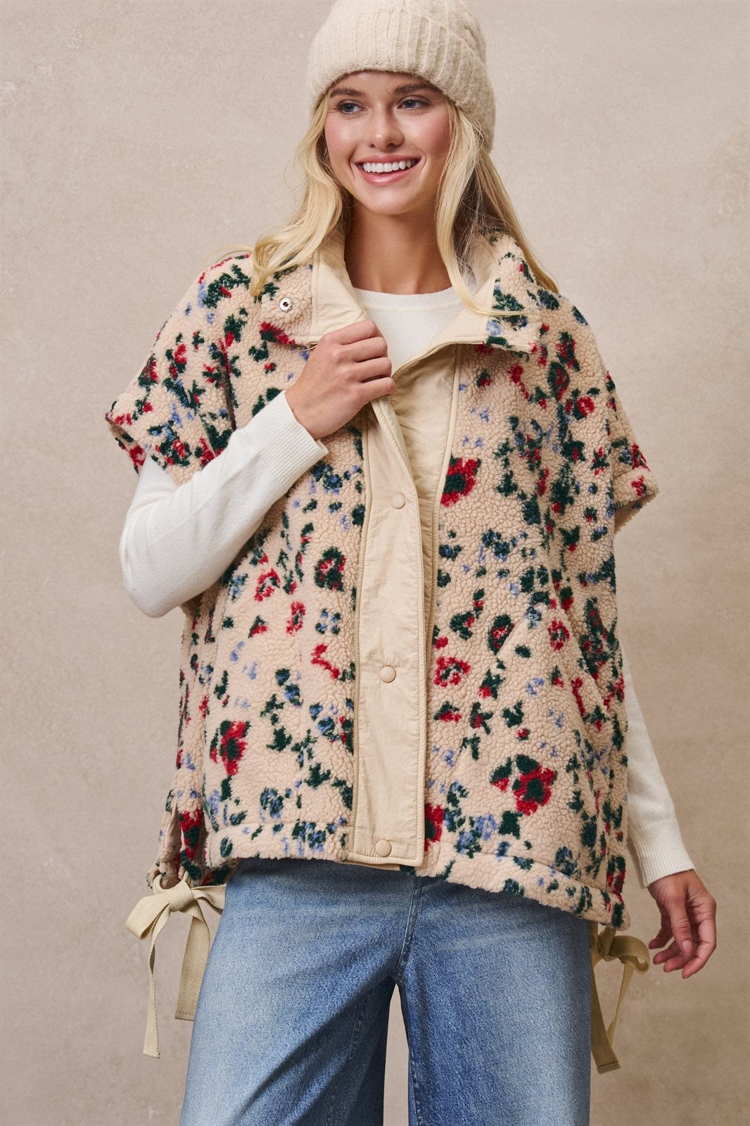 Painted Garden Fuzzy Vest in Print - Women's Wholesale Vests | Trend Notes