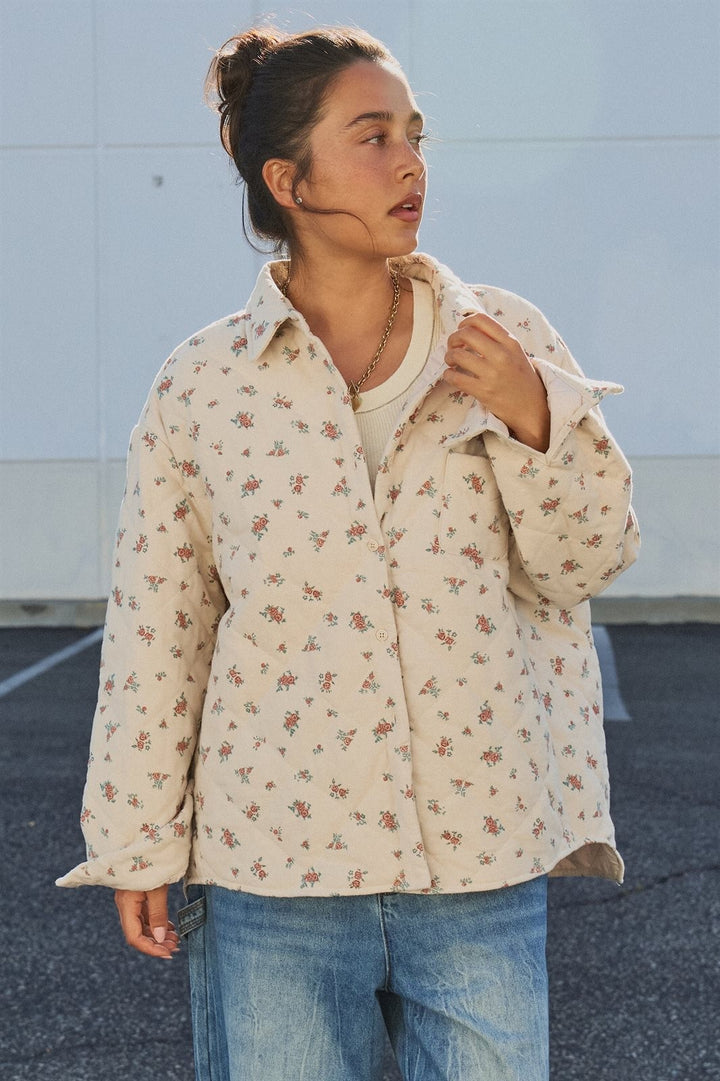 Floral Quilted Button-Down Shacket in Taupe	 - Women's Wholesale Jackets & Blazers | Trend Notes