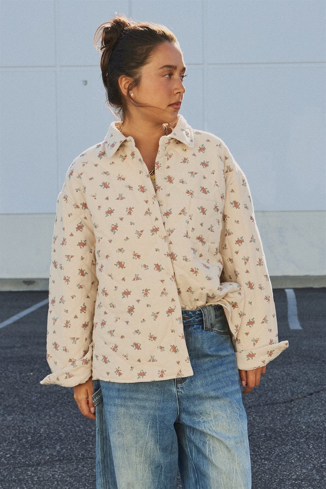 Floral Quilted Button-Down Shacket in Taupe	 - Women's Wholesale Jackets & Blazers | Trend Notes