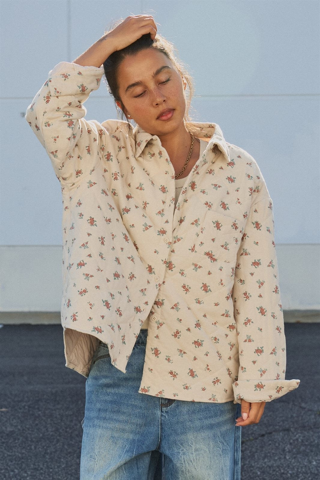Floral Quilted Button-Down Shacket in Taupe	 - Women's Wholesale Jackets & Blazers | Trend Notes