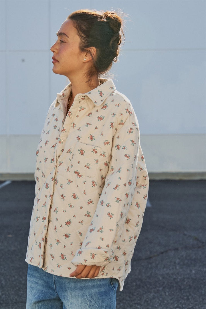 Floral Quilted Button-Down Shacket in Taupe	 - Women's Wholesale Jackets & Blazers | Trend Notes