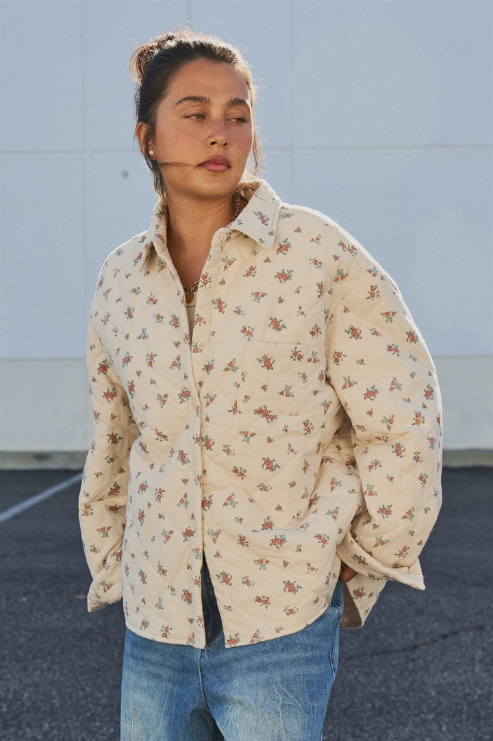 Floral Quilted Button-Down Shacket in Taupe	 - Women's Wholesale Jackets & Blazers | Trend Notes