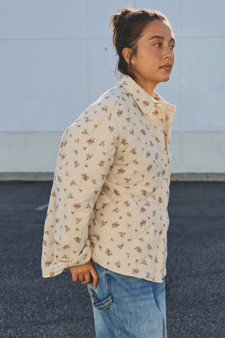 Floral Quilted Button-Down Shacket in Taupe	 - Women's Wholesale Jackets & Blazers | Trend Notes