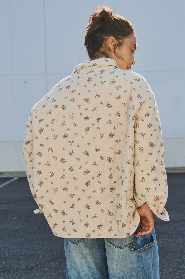 Floral Quilted Button-Down Shacket in Taupe	 - Women's Wholesale Jackets & Blazers | Trend Notes