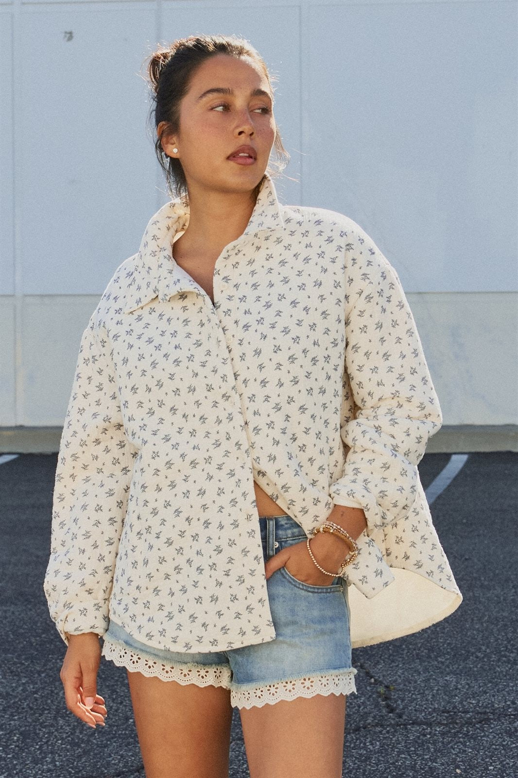 Ditsy Floral Quilted Cotton Jacket in Ivory - Women's Wholesale Jackets & Blazers | Trend Notes