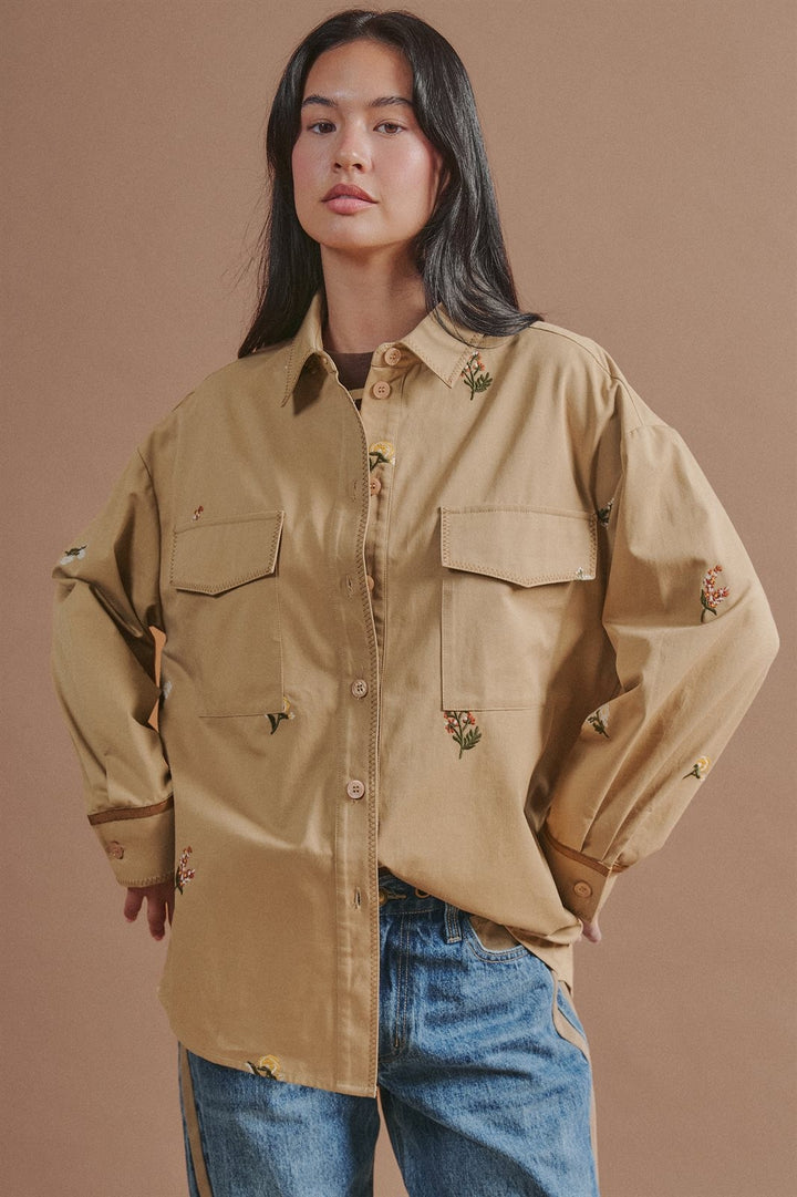 Floral Embroidered Cotton Shirt Jacket with Utility Pockets in Taupe	 - Women's Wholesale Jackets & Blazers | Trend Notes