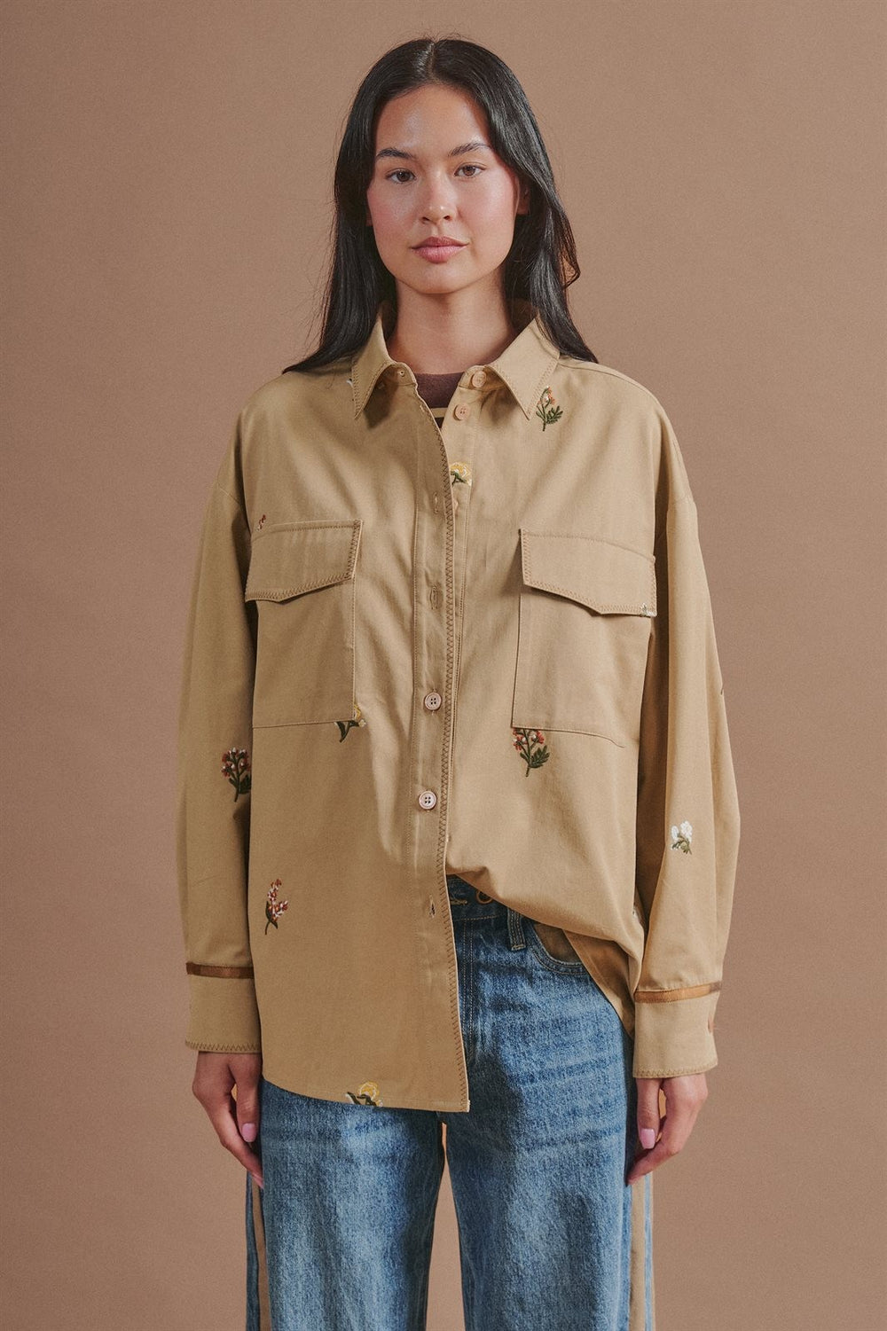 Floral Embroidered Cotton Shirt Jacket with Utility Pockets in Taupe	 - Women's Wholesale Jackets & Blazers | Trend Notes