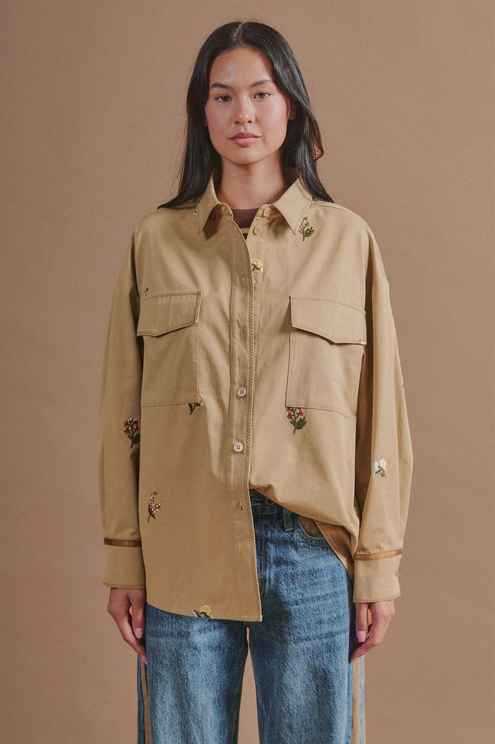 Floral Embroidered Cotton Shirt Jacket with Utility Pockets in Taupe	 - Women's Wholesale Jackets & Blazers | Trend Notes