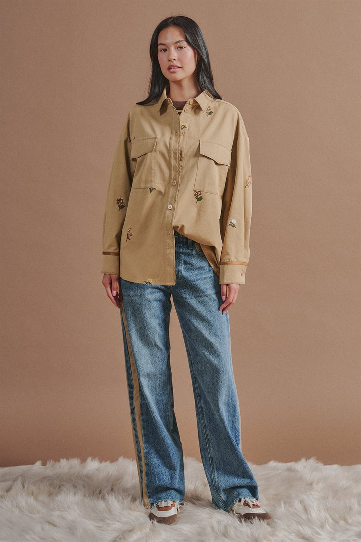 Floral Embroidered Cotton Shirt Jacket with Utility Pockets in Taupe	 - Women's Wholesale Jackets & Blazers | Trend Notes