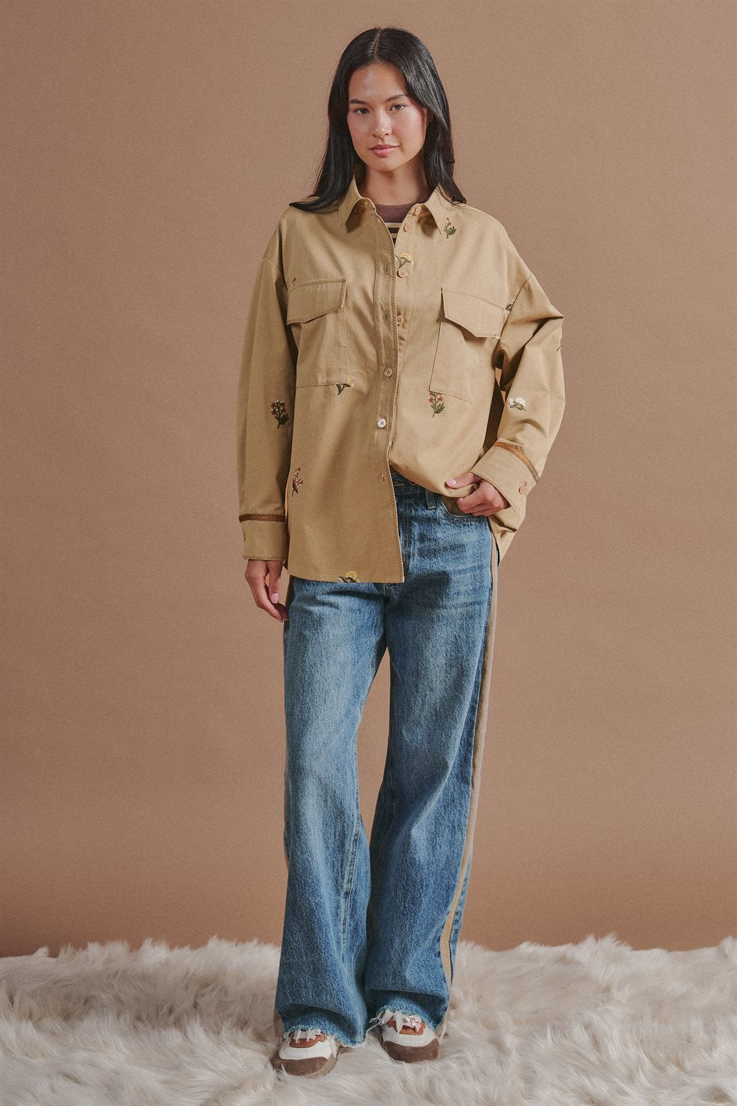Floral Embroidered Cotton Shirt Jacket with Utility Pockets in Taupe	 - Women's Wholesale Jackets & Blazers | Trend Notes