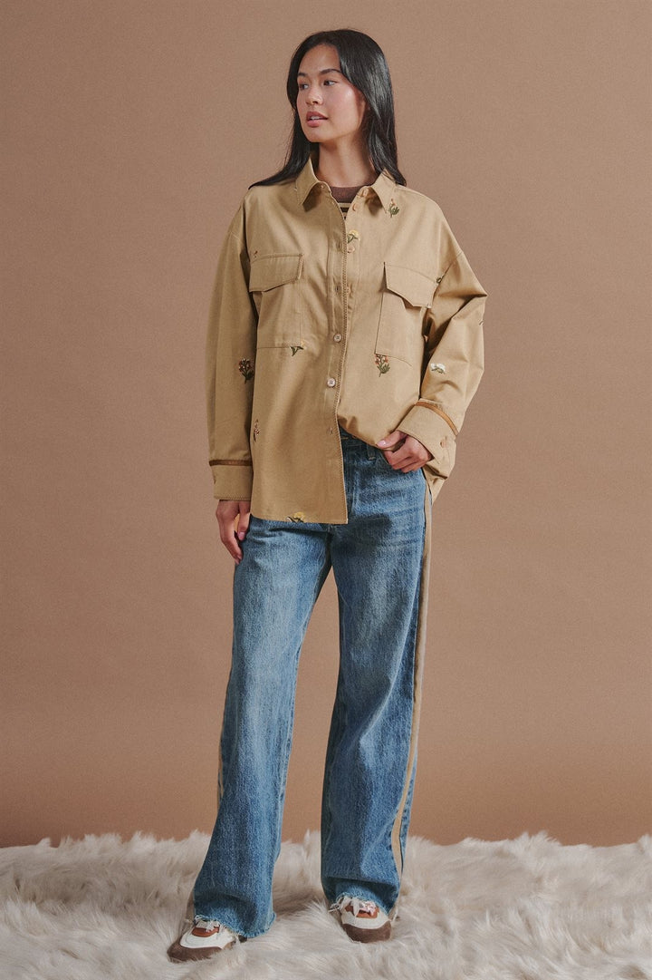 Floral Embroidered Cotton Shirt Jacket with Utility Pockets in Taupe	 - Women's Wholesale Jackets & Blazers | Trend Notes