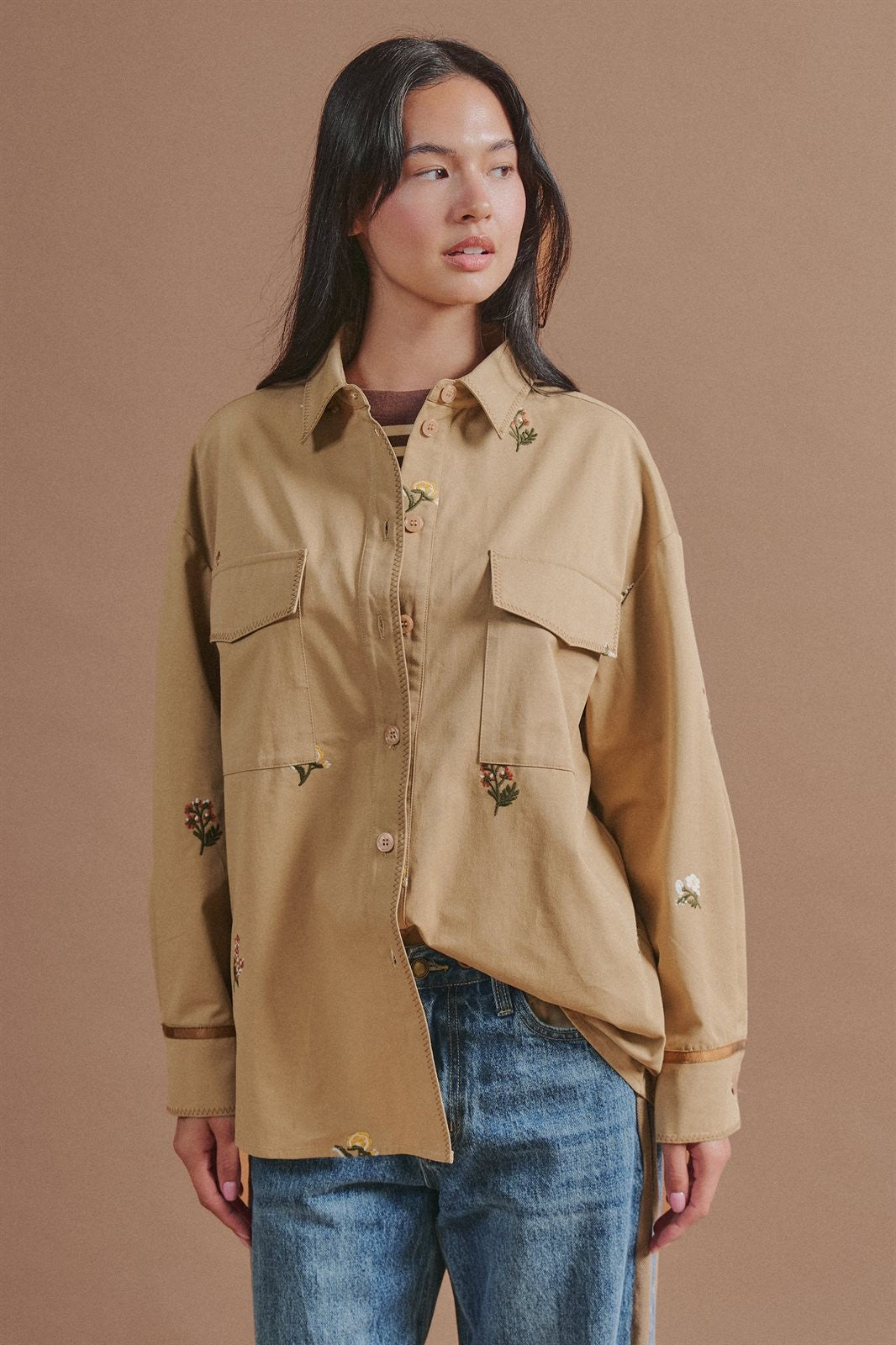 Floral Embroidered Cotton Shirt Jacket with Utility Pockets in Taupe	 - Women's Wholesale Jackets & Blazers | Trend Notes
