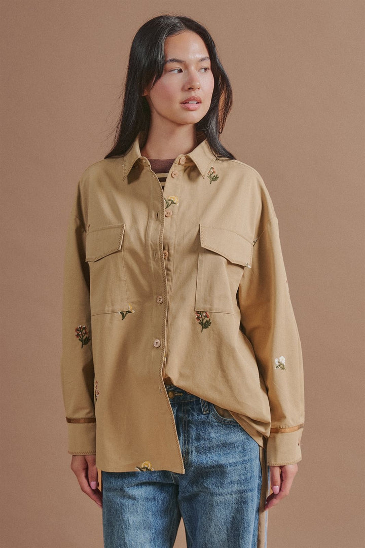 Floral Embroidered Cotton Shirt Jacket with Utility Pockets in Taupe	 - Women's Wholesale Jackets & Blazers | Trend Notes