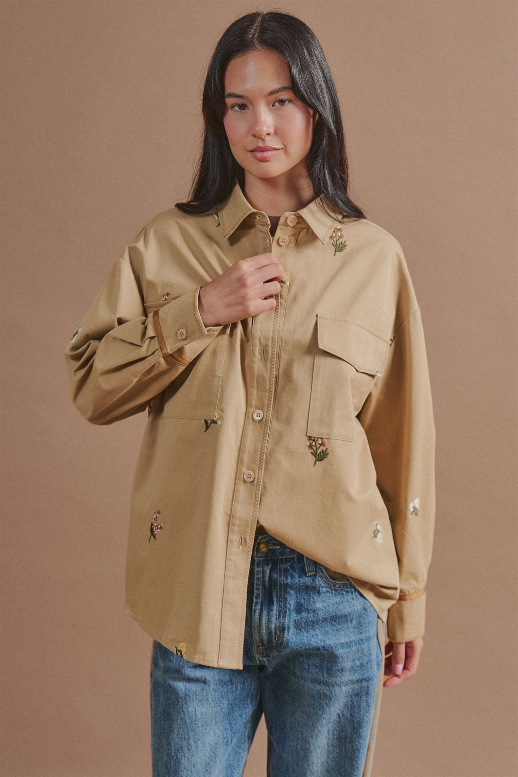 Floral Embroidered Cotton Shirt Jacket with Utility Pockets in Taupe	 - Women's Wholesale Jackets & Blazers | Trend Notes