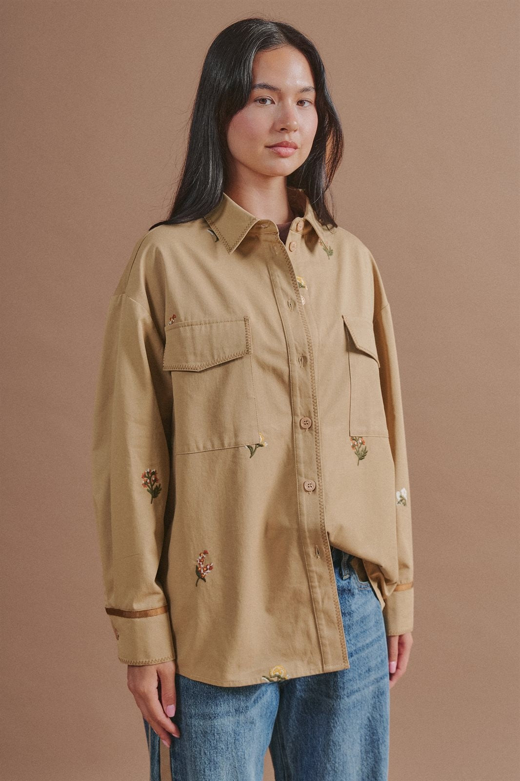 Floral Embroidered Cotton Shirt Jacket with Utility Pockets in Taupe	 - Women's Wholesale Jackets & Blazers | Trend Notes