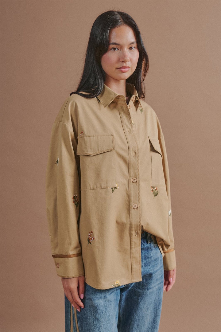 Floral Embroidered Cotton Shirt Jacket with Utility Pockets in Taupe	 - Women's Wholesale Jackets & Blazers | Trend Notes