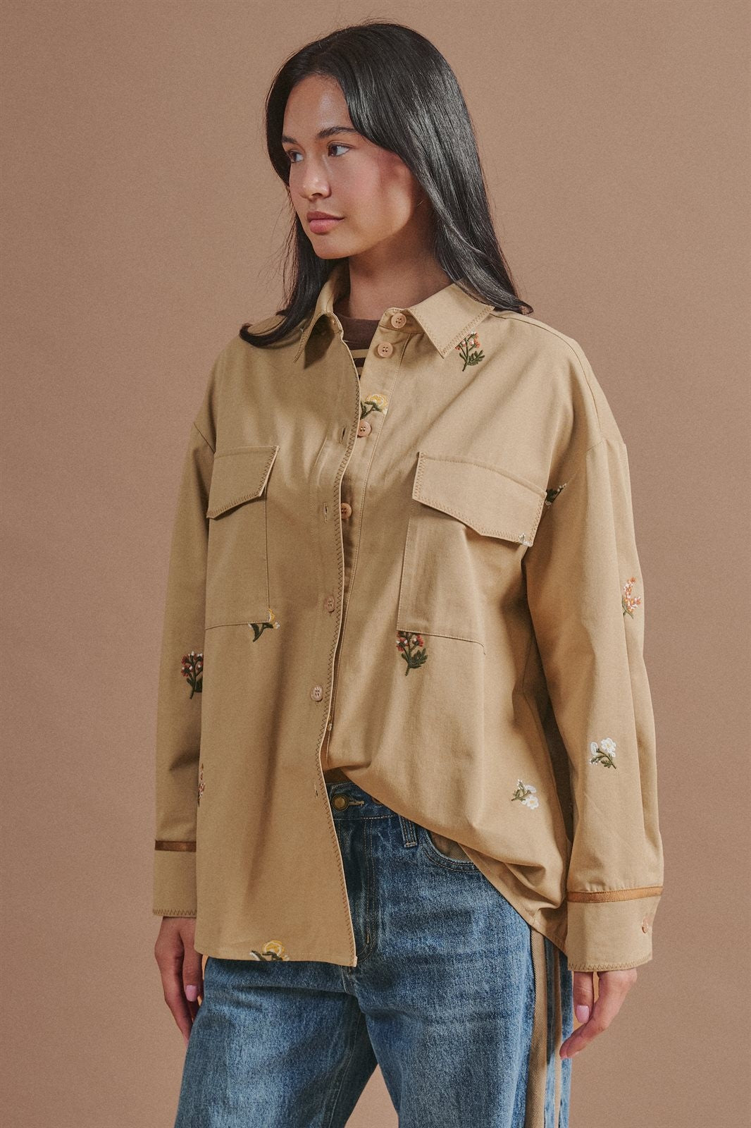 Floral Embroidered Cotton Shirt Jacket with Utility Pockets in Taupe	 - Women's Wholesale Jackets & Blazers | Trend Notes
