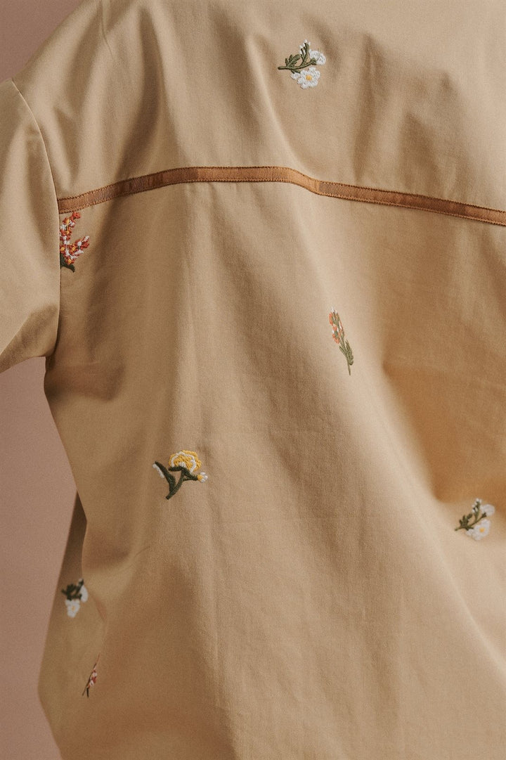 Floral Embroidered Cotton Shirt Jacket with Utility Pockets in Taupe	 - Women's Wholesale Jackets & Blazers | Trend Notes