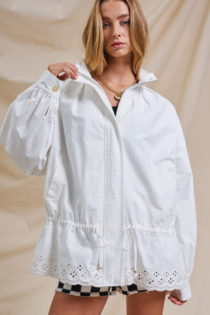 Sporty With A Sweet Twist Eyelet Trim Jacket in White - Women's Wholesale Jackets & Outerwear | Trend Notes