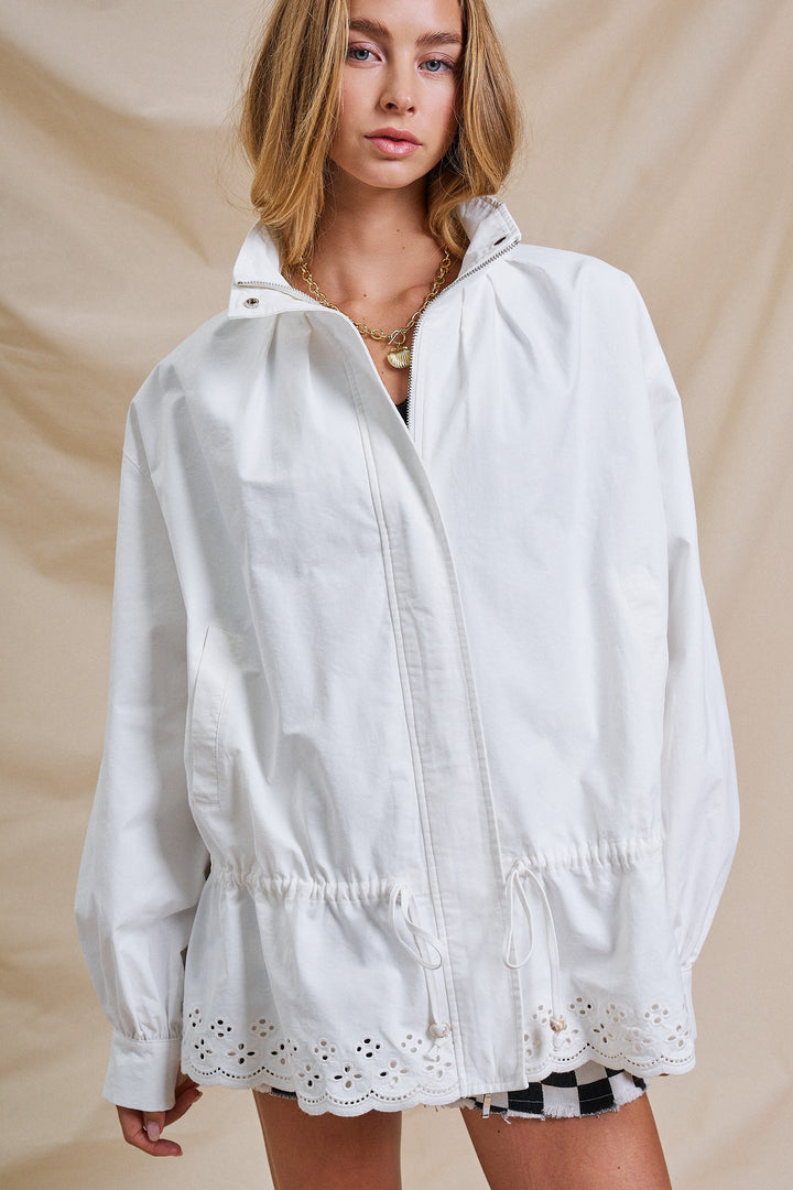 Sporty With A Sweet Twist Eyelet Trim Jacket in White - Women's Wholesale Jackets & Outerwear | Trend Notes