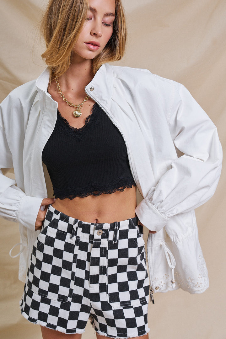 Sporty With A Sweet Twist Eyelet Trim Jacket in White - Women's Wholesale Jackets & Outerwear | Trend Notes