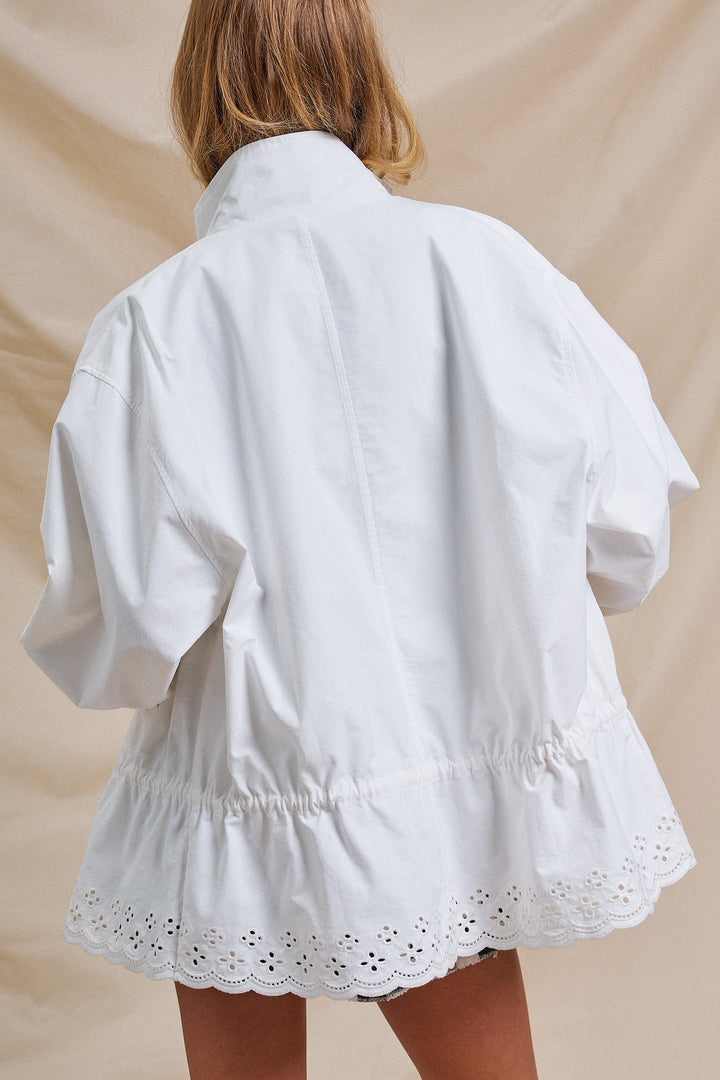 Sporty With A Sweet Twist Eyelet Trim Jacket in White - Women's Wholesale Jackets & Outerwear | Trend Notes
