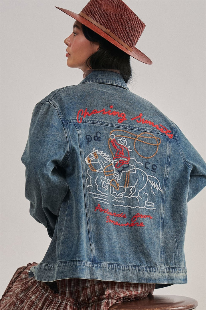 Embroidered Cotton Denim Western Trucker Jacket in Denim - Women's Wholesale Jackets & Blazers | Trend Notes