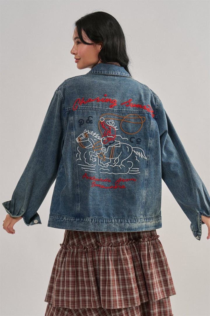 Embroidered Cotton Denim Western Trucker Jacket in Denim - Women's Wholesale Jackets & Blazers | Trend Notes
