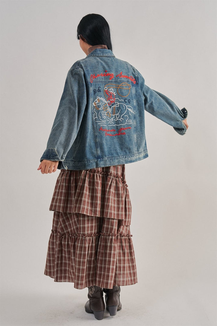 Embroidered Cotton Denim Western Trucker Jacket in Denim - Women's Wholesale Jackets & Blazers | Trend Notes