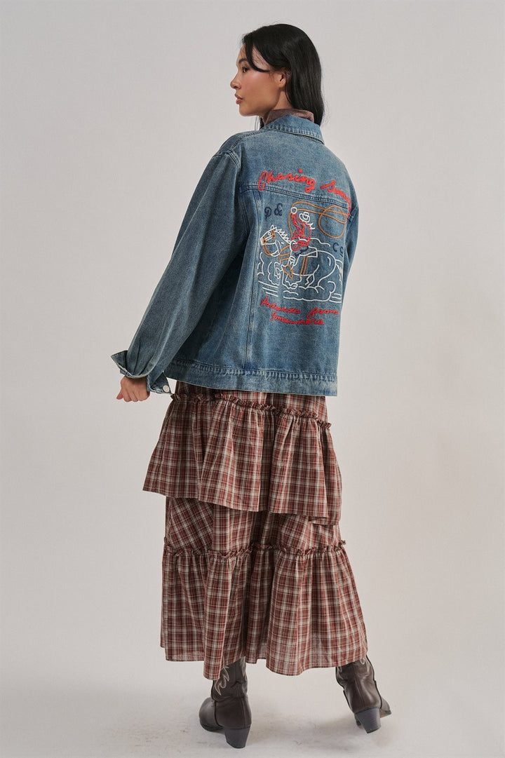 Embroidered Cotton Denim Western Trucker Jacket in Denim - Women's Wholesale Jackets & Blazers | Trend Notes
