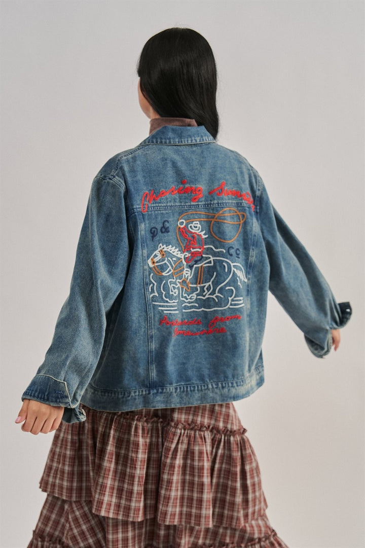 Embroidered Cotton Denim Western Trucker Jacket in Denim - Women's Wholesale Jackets & Blazers | Trend Notes