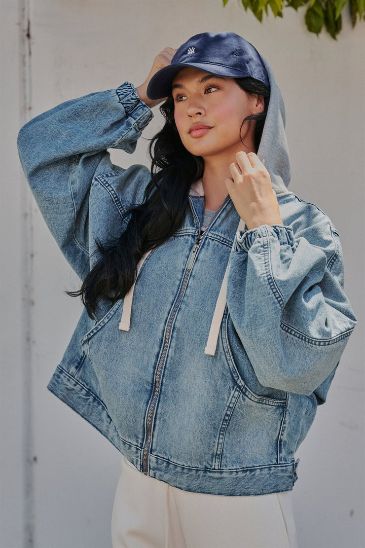 Hooded Denim Zip Up Jacket with French Terry Hood in Denim - Women's Wholesale Jackets & Blazers | Trend Notes