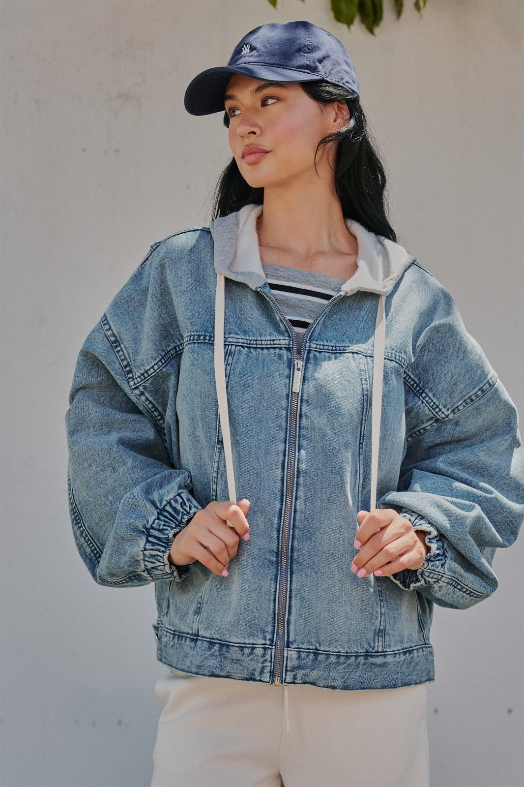 Hooded Denim Zip Up Jacket with French Terry Hood in Denim - Women's Wholesale Jackets & Blazers | Trend Notes