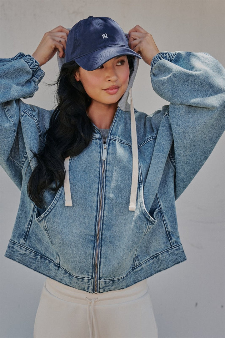 Hooded Denim Zip Up Jacket with French Terry Hood in Denim - Women's Wholesale Jackets & Blazers | Trend Notes