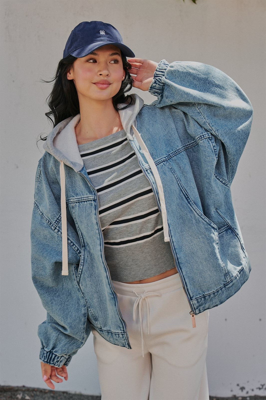 Hooded Denim Zip Up Jacket with French Terry Hood in Denim - Women's Wholesale Jackets & Blazers | Trend Notes
