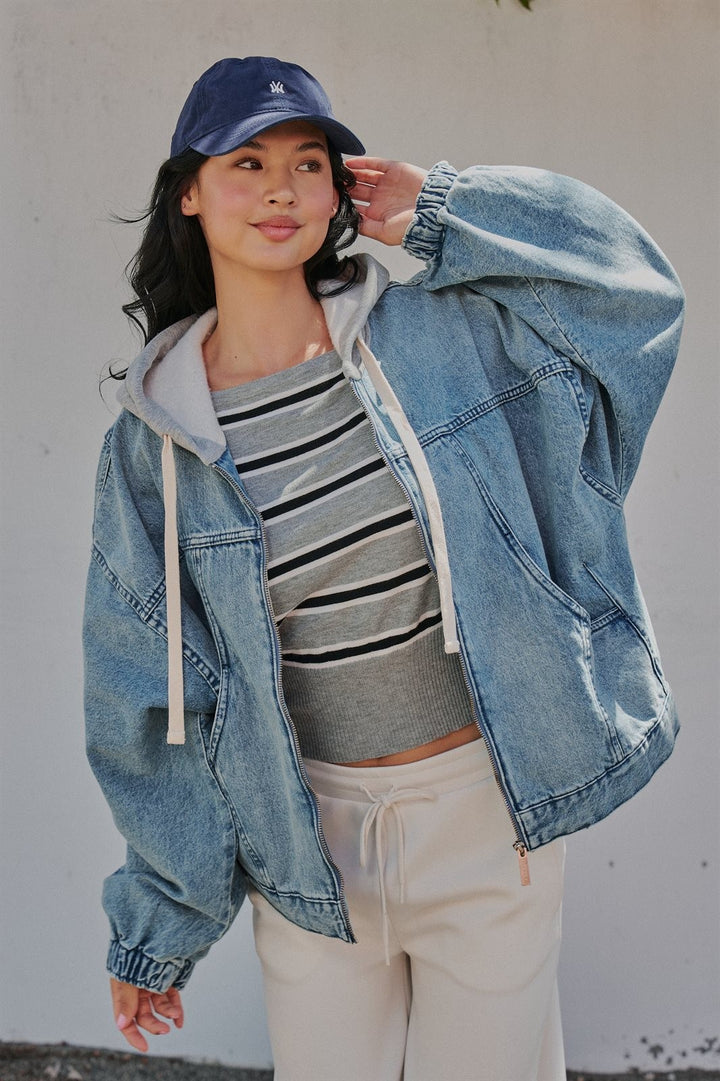 Hooded Denim Zip Up Jacket with French Terry Hood in Denim - Women's Wholesale Jackets & Blazers | Trend Notes