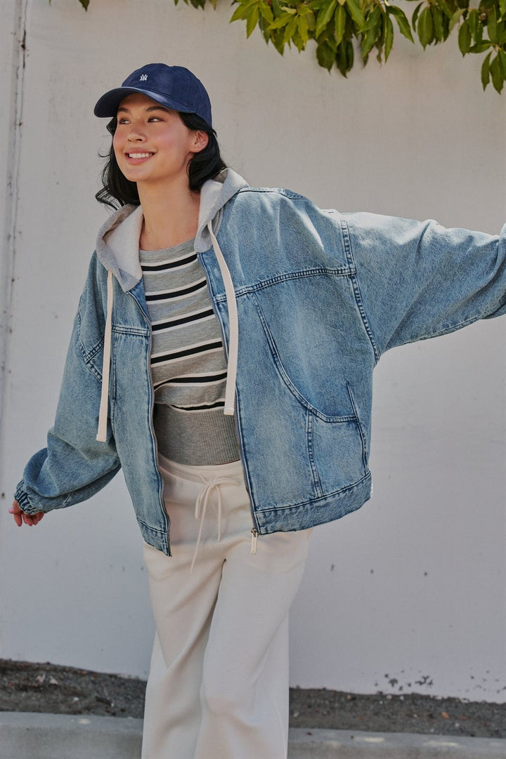 Hooded Denim Zip Up Jacket with French Terry Hood in Denim - Women's Wholesale Jackets & Blazers | Trend Notes