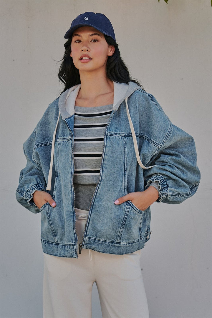 Hooded Denim Zip Up Jacket with French Terry Hood in Denim - Women's Wholesale Jackets & Blazers | Trend Notes
