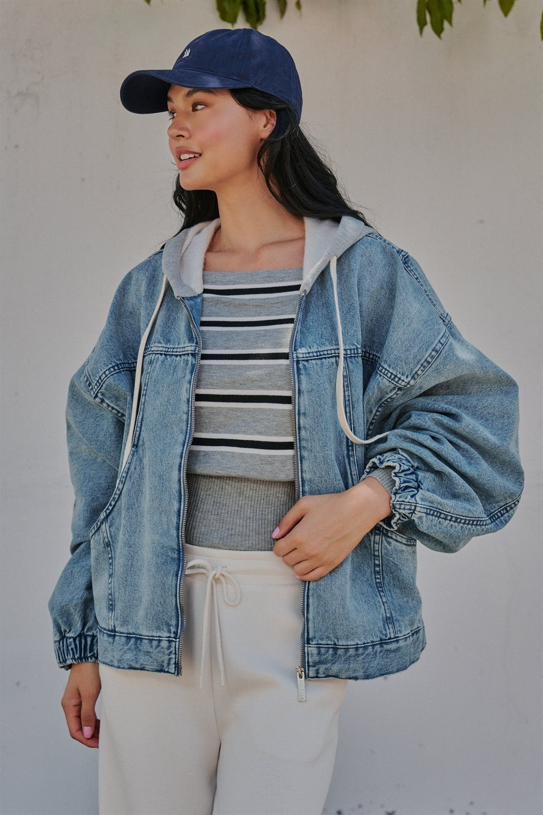 Hooded Denim Zip Up Jacket with French Terry Hood in Denim - Women's Wholesale Jackets & Blazers | Trend Notes