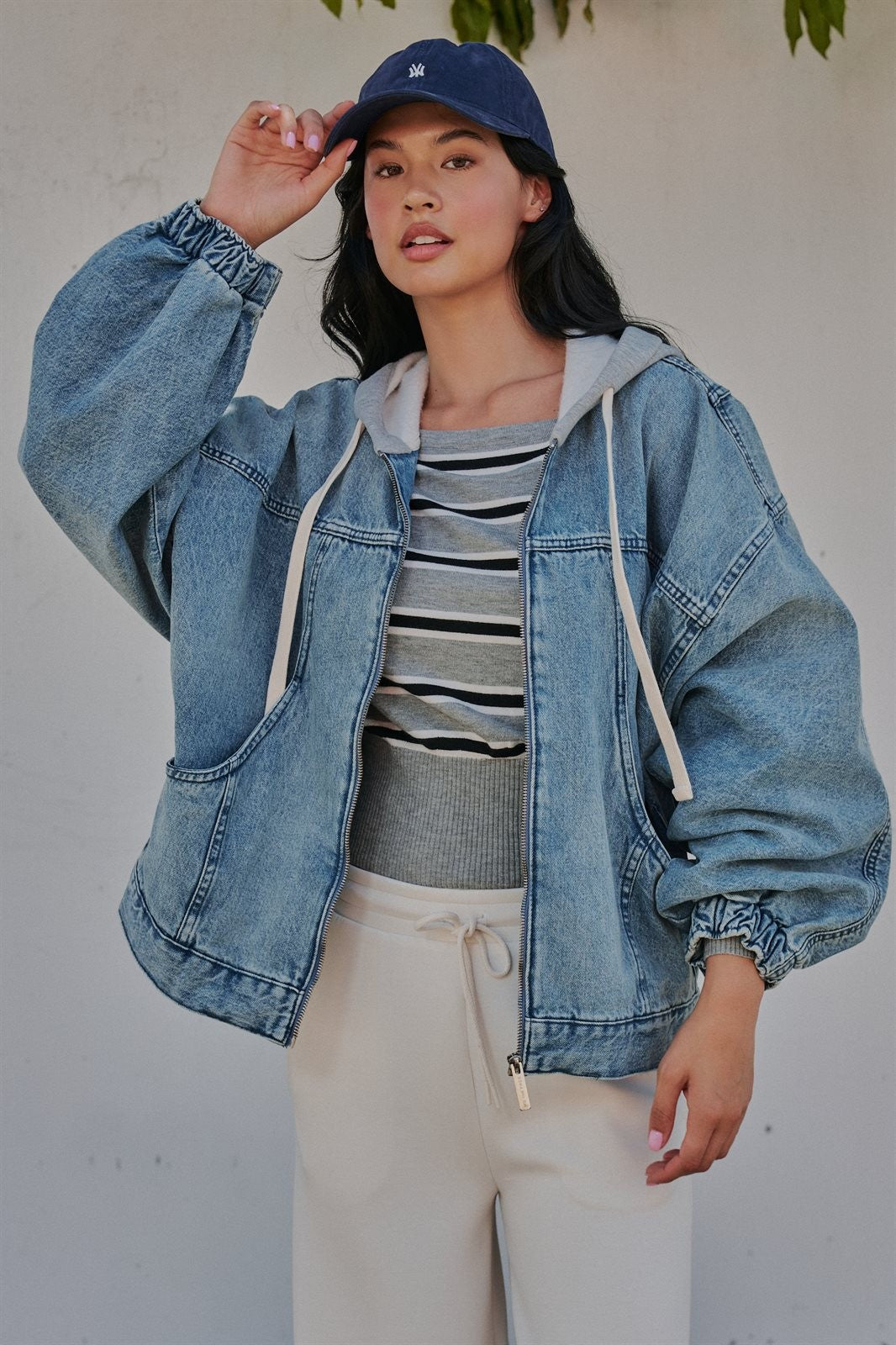 Hooded Denim Zip Up Jacket with French Terry Hood in Denim - Women's Wholesale Jackets & Blazers | Trend Notes