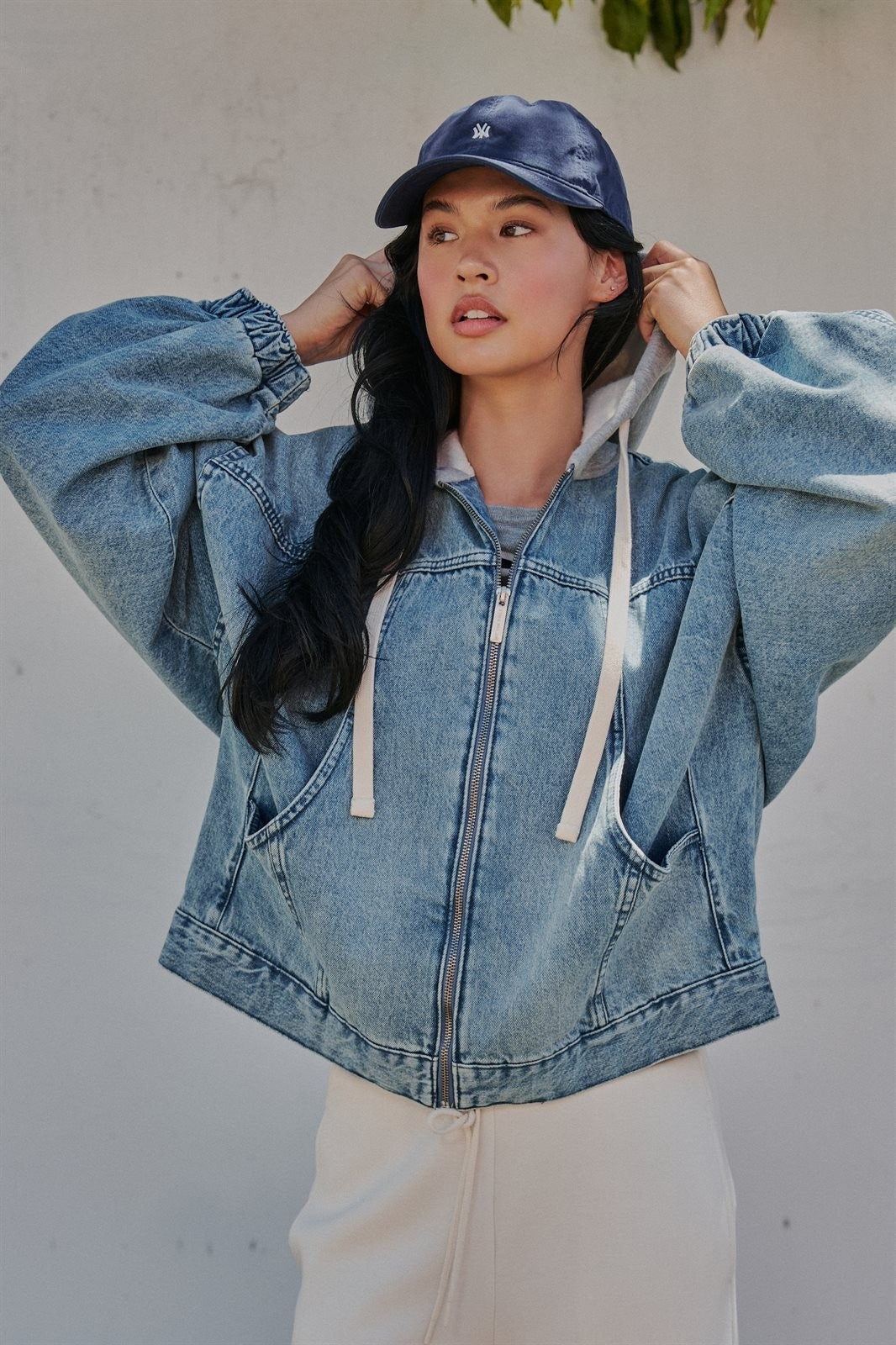 Hooded Denim Zip Up Jacket with French Terry Hood in Denim - Women's Wholesale Jackets & Blazers | Trend Notes