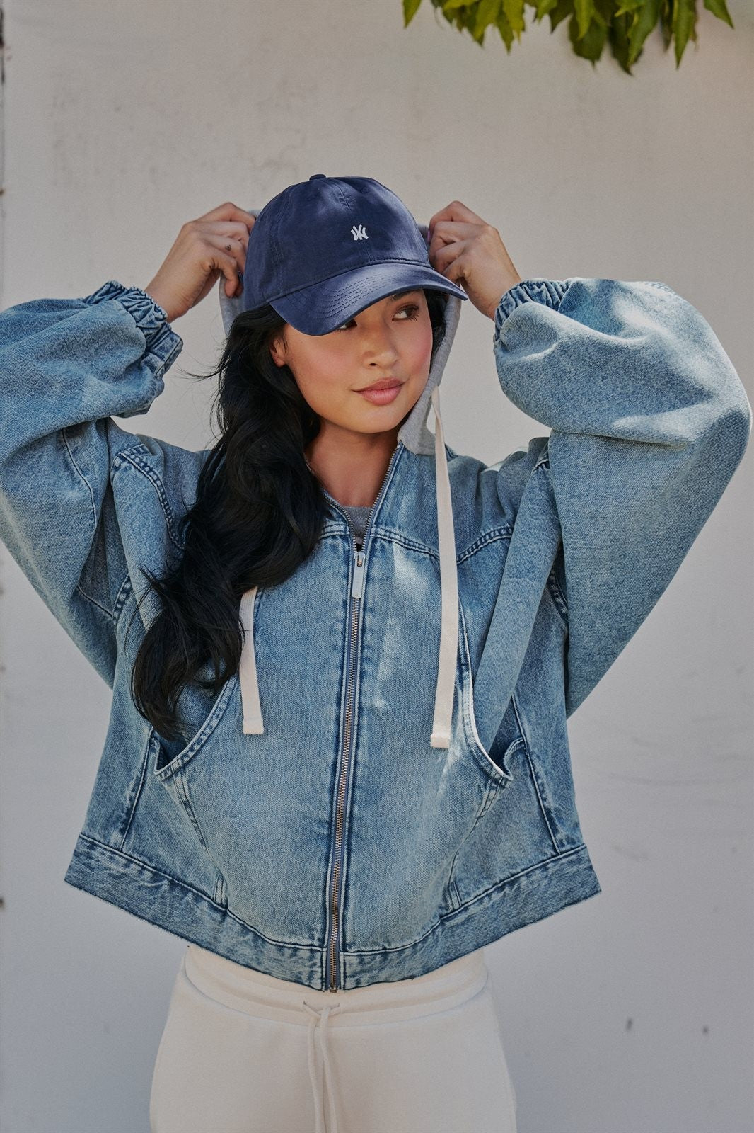 Hooded Denim Zip Up Jacket with French Terry Hood in Denim - Women's Wholesale Jackets & Blazers | Trend Notes