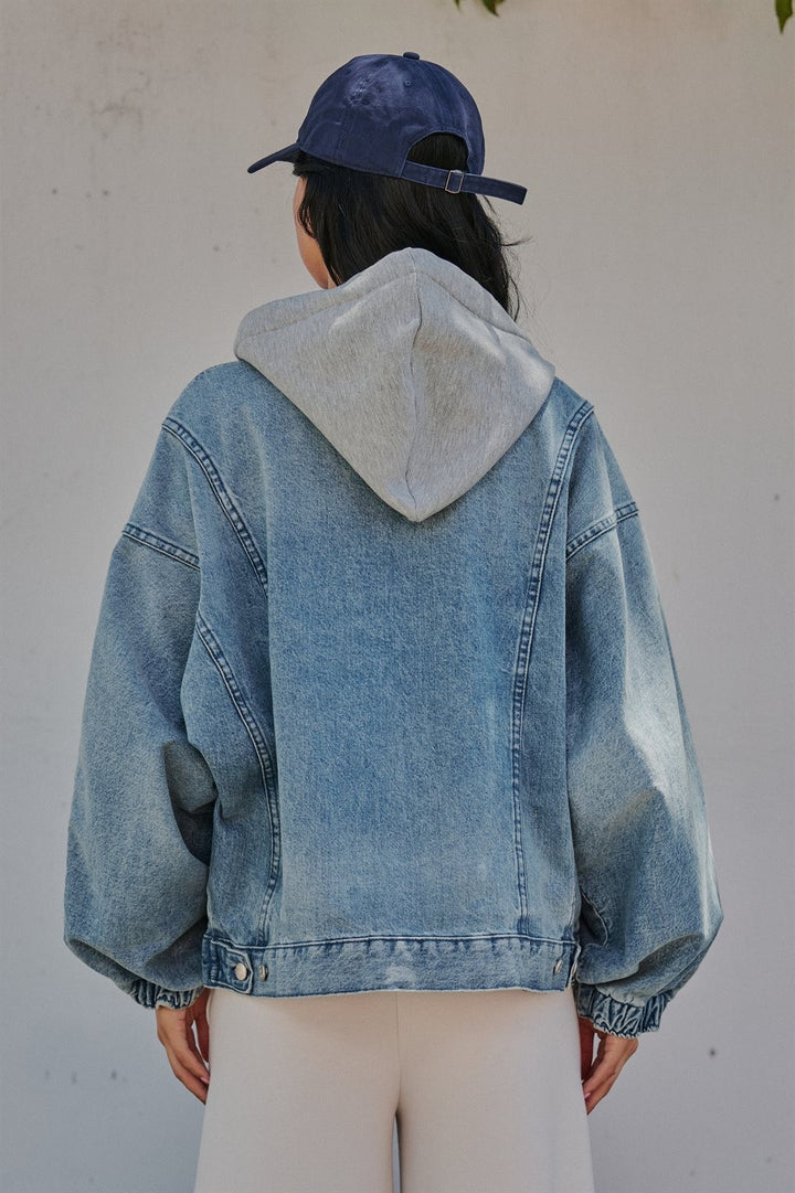 Hooded Denim Zip Up Jacket with French Terry Hood in Denim - Women's Wholesale Jackets & Blazers | Trend Notes