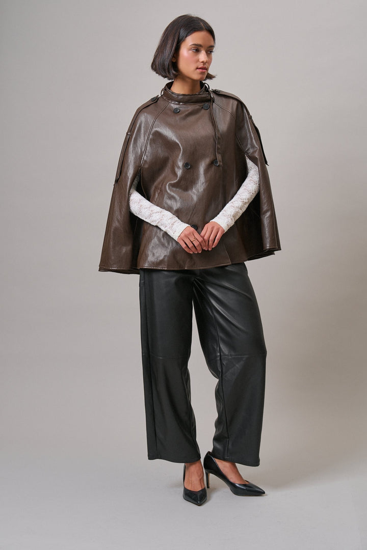 Boulevard Faux Leather Cape Jacket in Brown - Women's Wholesale Capes & Ponchos | Trend Notes