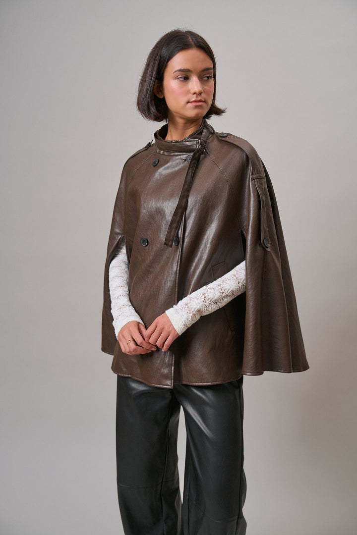 Boulevard Faux Leather Cape Jacket in Brown - Women's Wholesale Capes & Ponchos | Trend Notes