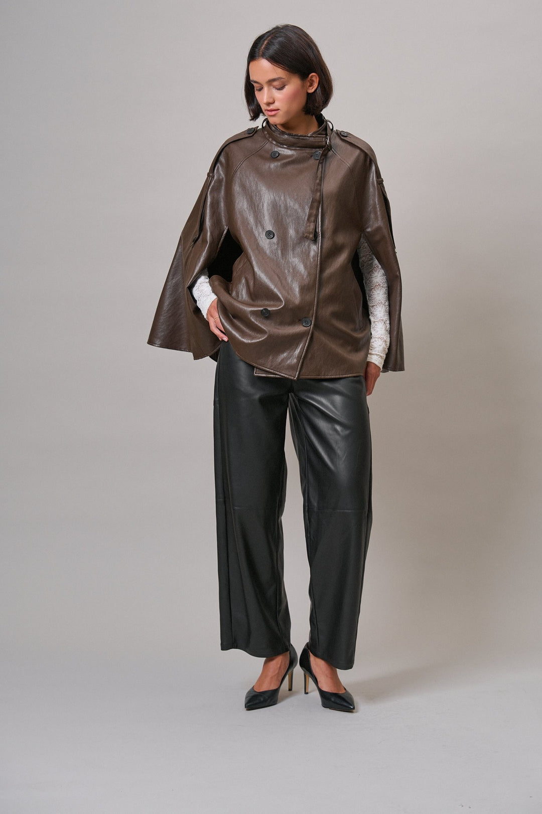 Boulevard Faux Leather Cape Jacket in Brown - Women's Wholesale Capes & Ponchos | Trend Notes